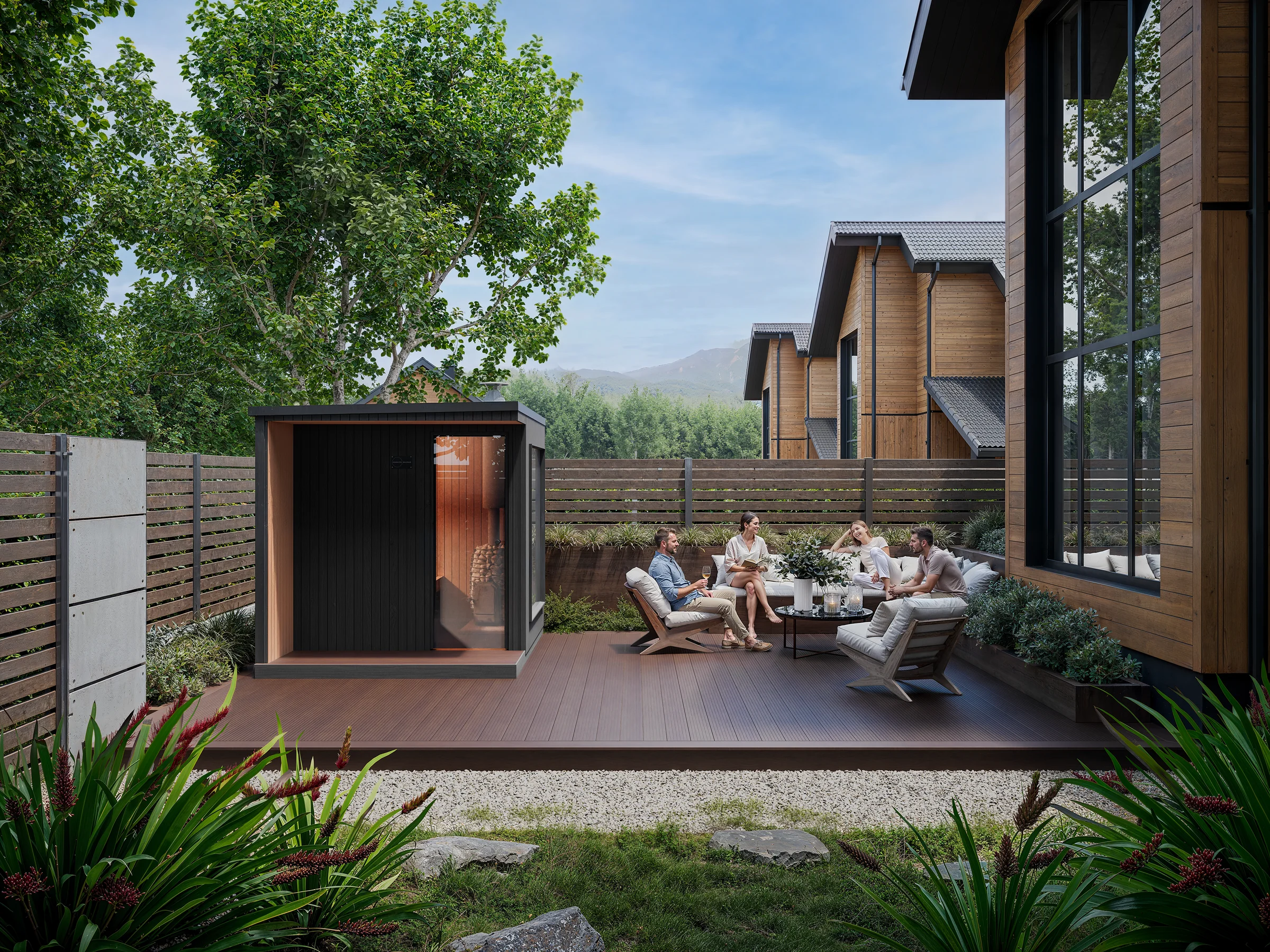 Photoreal CGI of an Awaken Saunas outdoor sauna on a backyard deck with friends in daylight